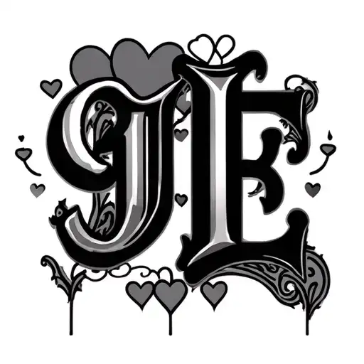 G T J B E letters with hearts above tattoo design idea