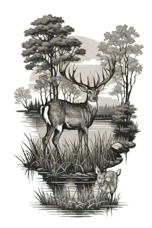 pond with trees in the background with a doe and buck  tattoo design idea