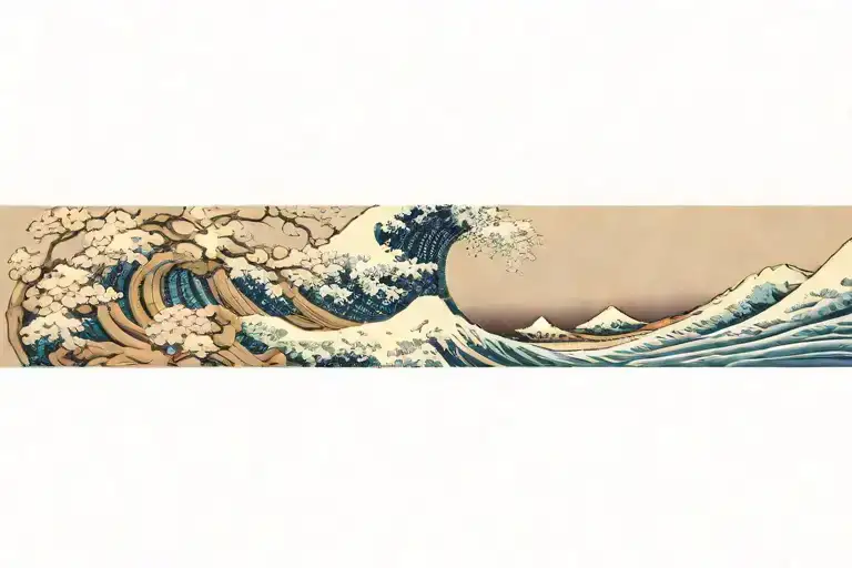 The Great Wave off Kanagawa aginst night sky and pink cherry blossoms tattoo design idea
