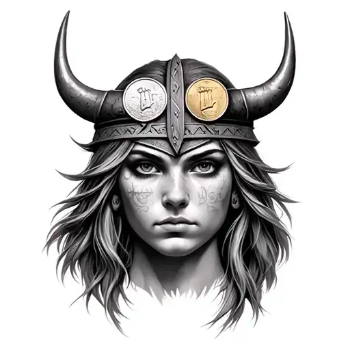 viking woman face with two coin eyes tattoo design idea