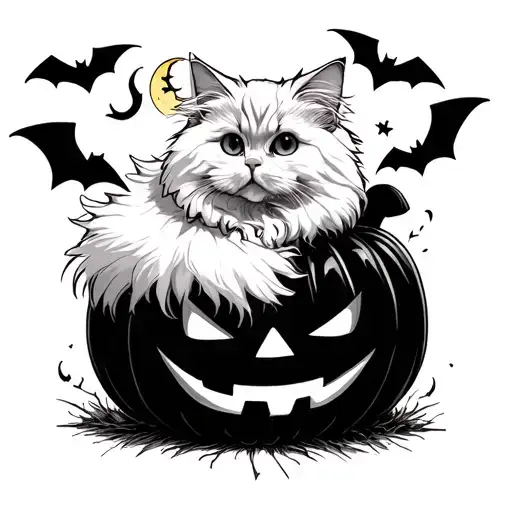 White angora cat with a fluffy tail and a broken ear, sitting behind a Halloween pumpkin, with a moon and bats tattoo design idea