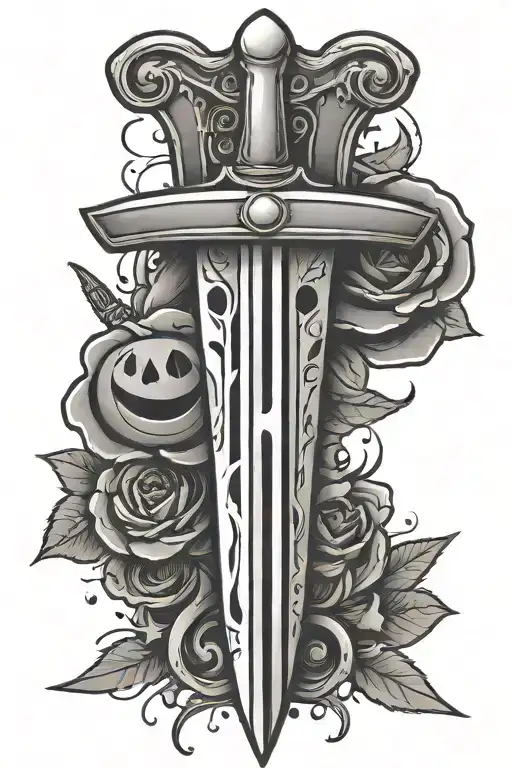 a dagger with a smiley face on the blade and pommel tattoo design idea