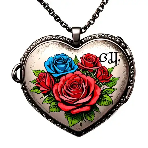 Red and blue roses heart shaped locket with initial cj tattoo design idea