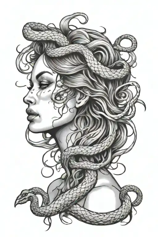 half decaying women face and snake slithering tattoo design idea