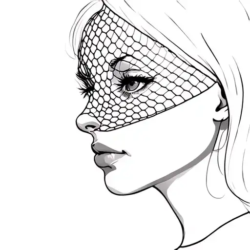side of women face with a fish net covering half her face  tattoo design idea