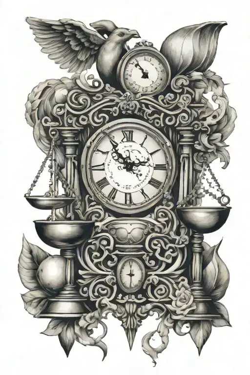 symmetrical libra scale with clock background tattoo design idea
