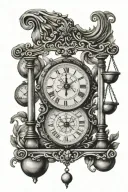 symmetrical libra scale with clock background tattoo design idea