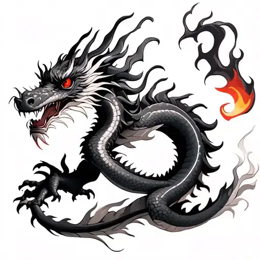 Japanese dragon in real or lifelike style, in black and white but with red eyes and colored flames tattoo design idea