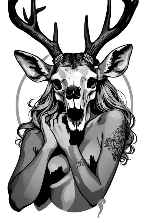 sexy woman with deer skull head tattoo design idea