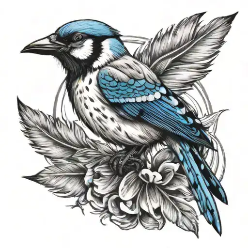 Jesus and blue jay feathers tattoo design idea