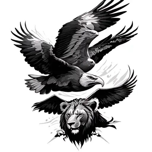 eagles flying over lions head tattoo design idea