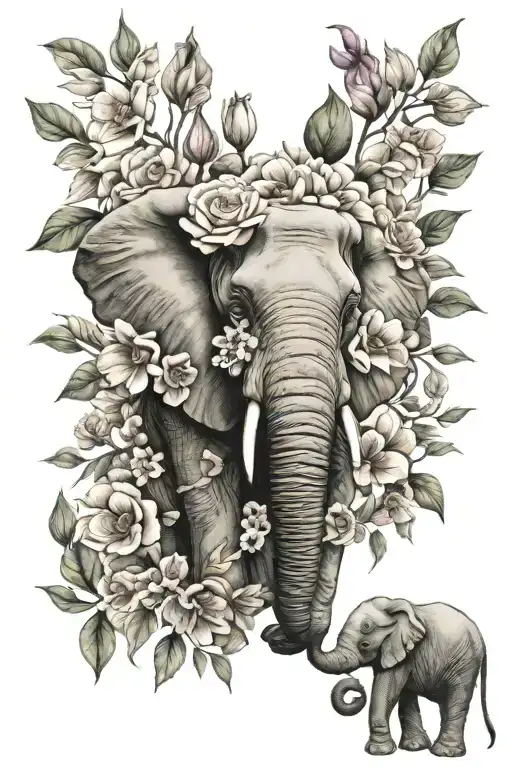 month flower bouquet with elephant head tattoo design idea