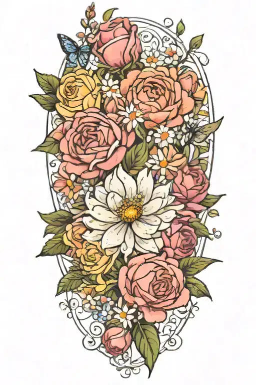 rose, daisy, peony, cosmos flower bouquet tattoo design idea