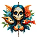 voodoo doll with zodiac virgo, leo, cancer, and pisces tattoo design idea