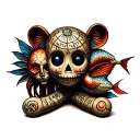 voodoo doll with zodiac virgo, leo, cancer, and pisces tattoo design idea