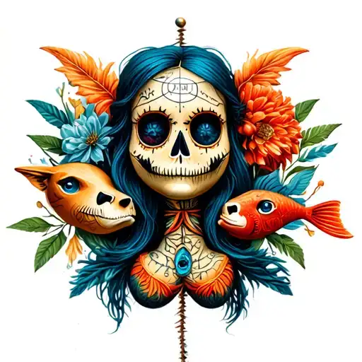 voodoo doll with zodiac virgo, leo, cancer, and pisces tattoo design idea