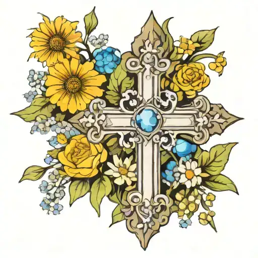 cross with 3 stones which are diamond, tanzanite, and opal. behind the cross daises, narcisuss, and marigold flowers tattoo design idea