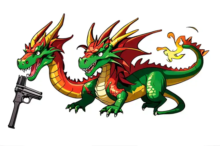 dragon with pirate guns and dinosaurs tattoo design idea