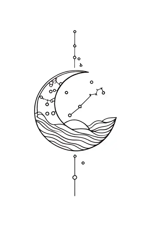 crescent moon with waves and cancer constellation  tattoo design idea