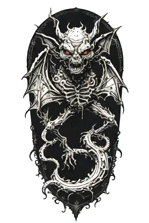 A bat gargoyle covered in blood. Standing on a pile of small skulls. Lovecraftian tentacles in the background tattoo design idea