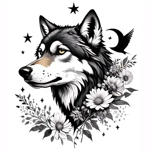 Half a wolfs head incorporated with birds stars, moon and wild flowers for a thigh tattoo. Make it feminine  tattoo design idea