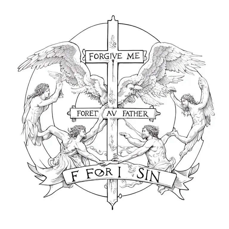 A cross in the middle with angels on one side and demons on the other with the phrase "Forgive Me Father For I Sin"  tattoo design idea