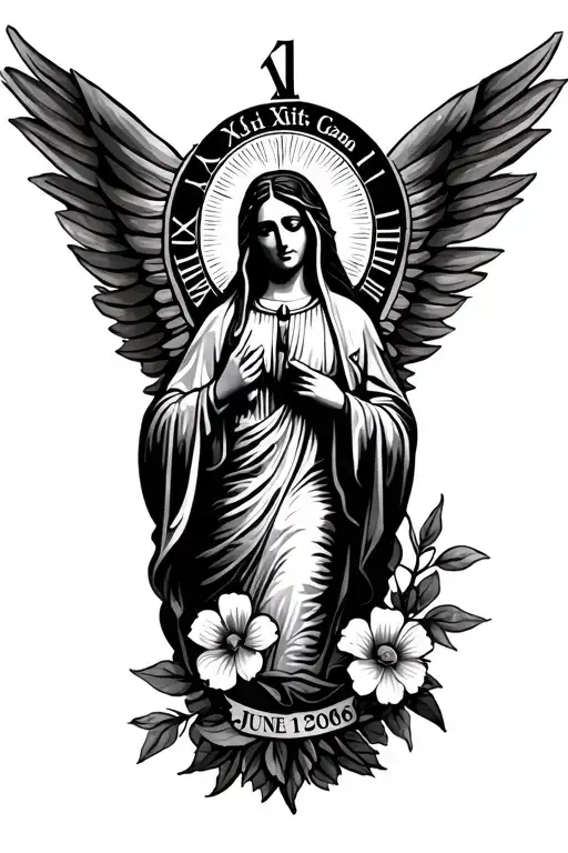 the virgin of Guadalupe with a couple of flowers and birthdate of june 1st 2006 in roman numeral  tattoo design idea