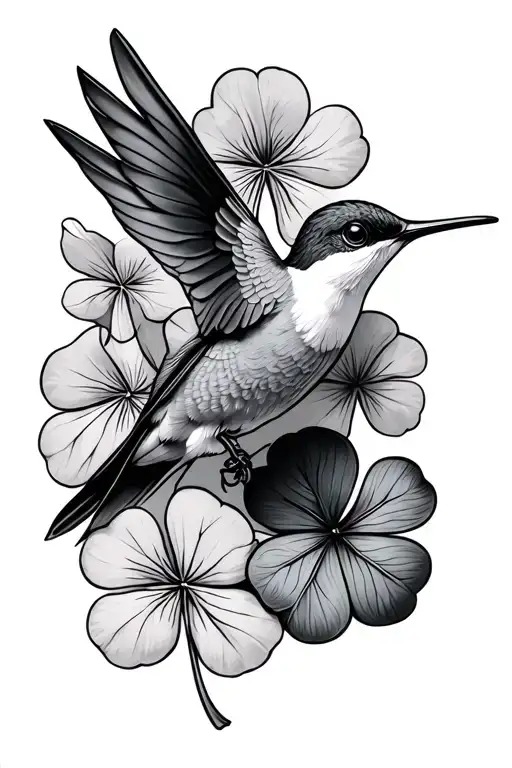 black and grey hummingbird with violets and four leaf clover tattoo design idea