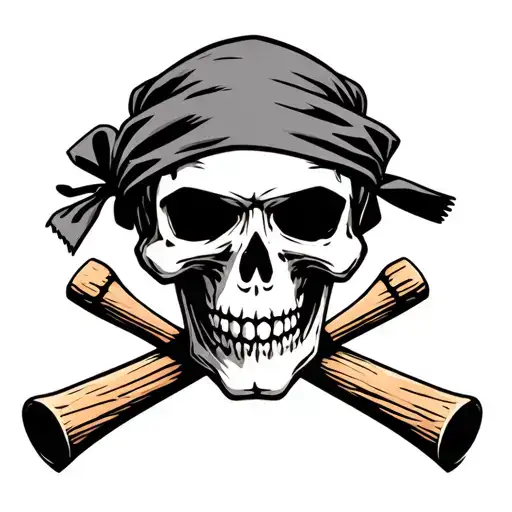 biker skull wearing a bandana with skeleton hands holding two crossed wooden bats in the background tattoo design idea