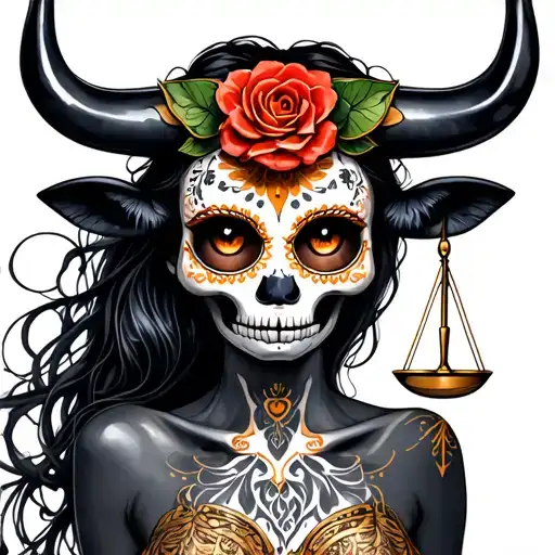 woman body bull with sugar skull markings, brown eyes and two Libra scales with extra dark background tattoo design idea