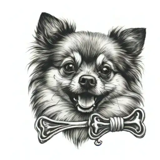 Initia, pomeranian dog and Dog bone biting tattoo design idea