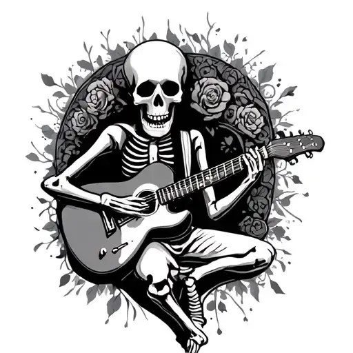 Hopeless Romantic Skeleton playing guitar tattoo design idea