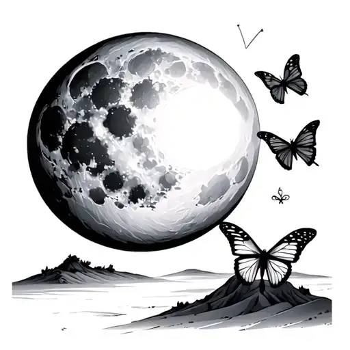 desert landscape with a sun and moon. include 2 butterflies and a key note tattoo design idea