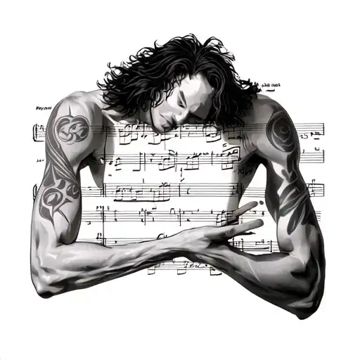 first time of sheet music from Pearl Jam song black wrap around shoulder and biceps  tattoo design idea
