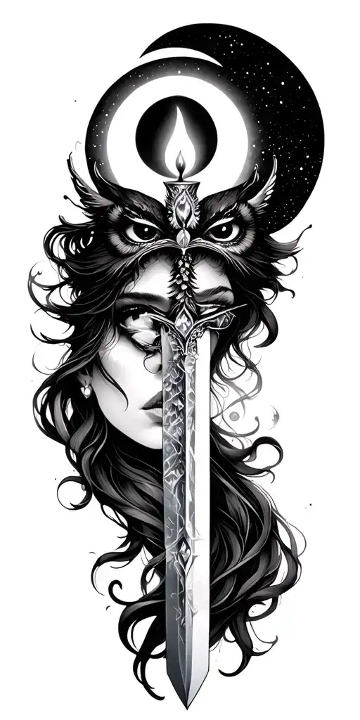 Feminine figure, candle flame. dagger, moon phases, bones, crystals, thresholds, smoke, nature, owls, spirals, eyes tattoo design idea