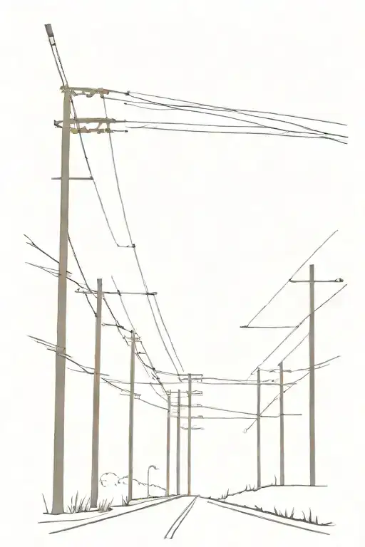  road at dusk, lined with tall wooden utility poles only on the left. Dark silhouettes contrast a faintly glowing sky tattoo design idea