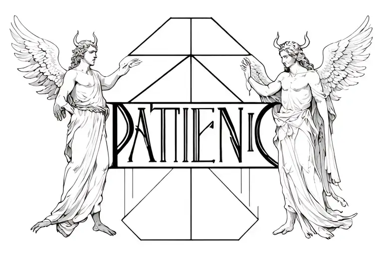 geometric design with the word patience with two angels one represnting the devil and one god only 1 line under the word tattoo design idea