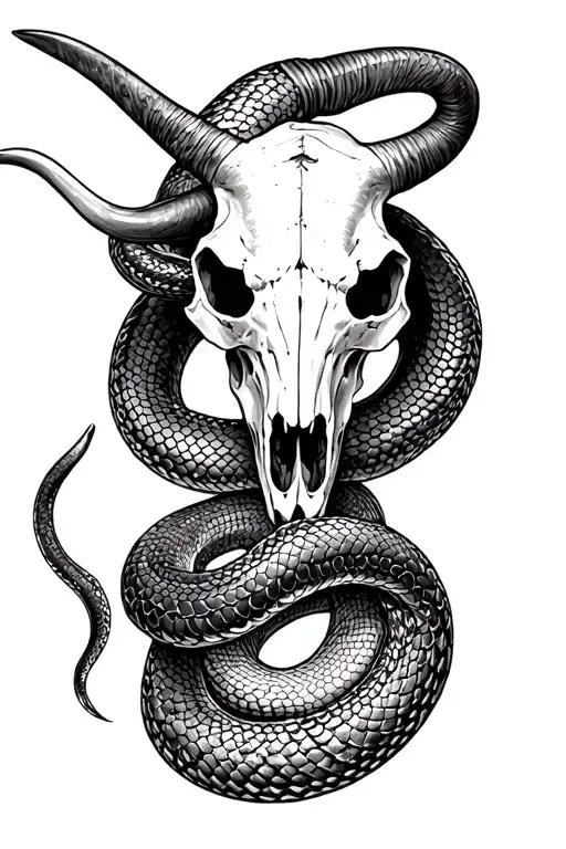 longhorn skull with viper snake sleeve tattoo design idea