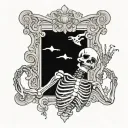 waving skeleton with scrolls above and below it tattoo design idea