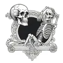 waving skeleton with scrolls above and below it tattoo design idea