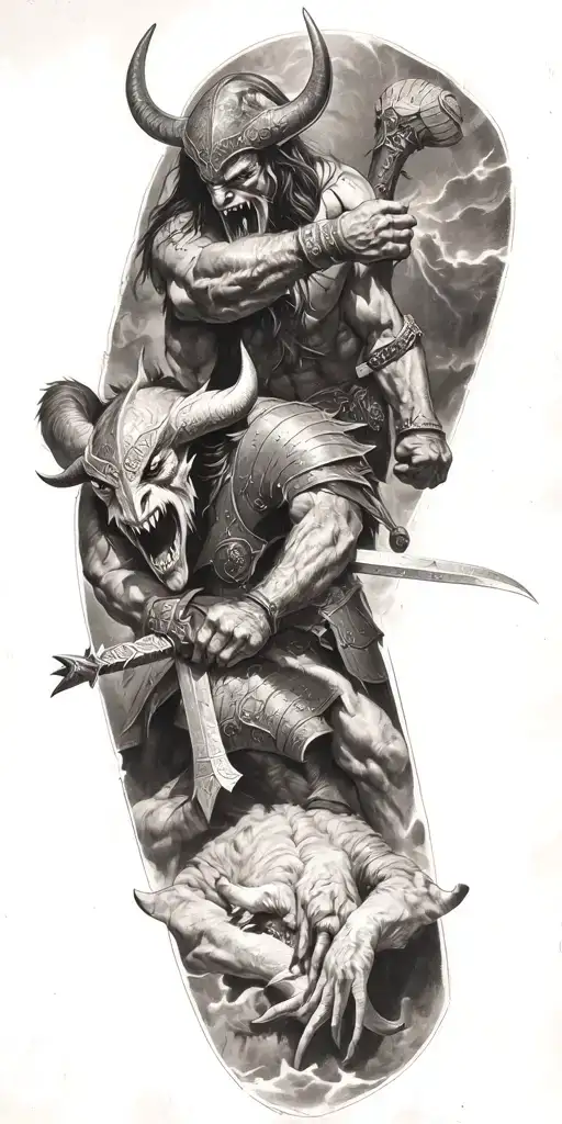 A Viking warrior battling a devil in a fierce showdown tattoo design idea