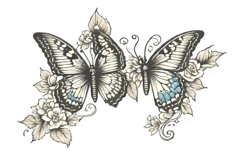 butterfly wings split in two with flowers tattoo design idea