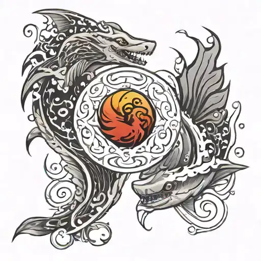 phoenix and shark yin yang design tattoo design idea