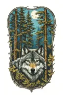wolf blue eyes howling forest landscape tattoo design idea