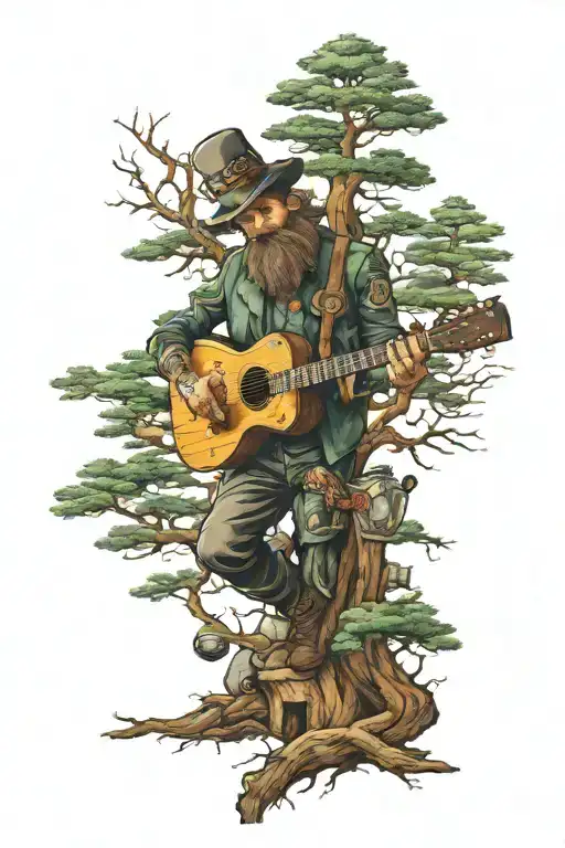 inn keeper, deputy, music, pine tree  tattoo design idea