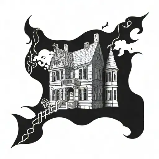 A spooky haunted house with hidden word puzzles incorporated into the design tattoo design idea