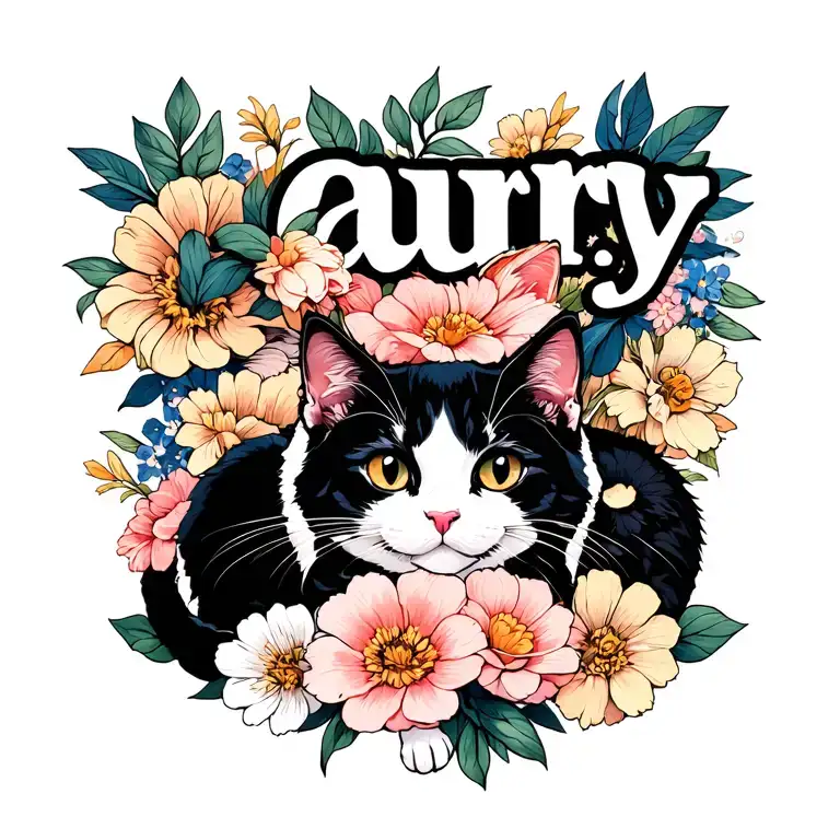 The name "aury" that has to do with 3 cats and that the name is written hidden between flowers tattoo design idea