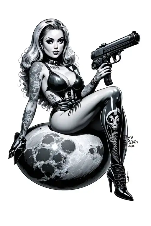 pinup space girl sitting on the moon holding a ray gun with an alien tattoo design idea