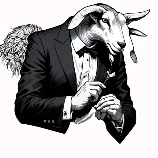 A humanoid figure with a goat head, wearing a suit and fixing the cufflinks tattoo design idea