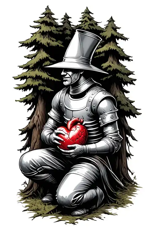 The tinman with a funnel hat, kneeling, holding his realistic heart in his hads, sourounded by agry faced trees tattoo design idea